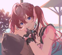 Rule 34 | 1girl, :3, ahoge, backlighting, blue eyes, brown hair, commentary request, dress, earrings, hair ribbon, highres, ichinose shiki, idolmaster, idolmaster cinderella girls, jewelry, lips, long hair, necklace, nininiwa2, outdoors, pearl necklace, pillow, pink dress, pink nails, pink ribbon, plant, ribbon, sitting, solo, twilight, twintails, upper body, wrist cuffs