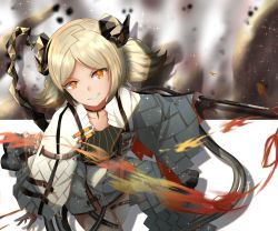 Rule 34 | 1girl, arknights, brown background, commentary request, flamethrower, grin, highres, horns, ifrit (arknights), kagura (05410zura), multicolored background, orange eyes, originium (arknights), platinum blonde hair, slit pupils, smile, solo, sparkle, tail, weapon, white background