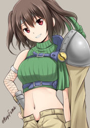 Rule 34 | &gt;:d, 1girl, :d, brown hair, cosplay, final fantasy, final fantasy vii, fuuma nagi, headband, kantai collection, navel, open mouth, red eyes, ribbed sweater, sendai (kancolle), short hair, short twintails, simple background, sleeveless, sleeveless turtleneck, smile, solo, square enix, sweater, turtleneck, twintails, twitter username, two side up, v-shaped eyebrows, yuffie kisaragi, yuffie kisaragi (cosplay)