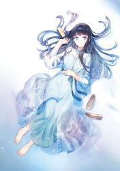Rule 34 | 1girl, barefoot, black hair, blue dress, blue eyes, bookmark, brown footwear, character request, closed mouth, commentary request, dress, full body, ga bunko, hand up, highres, long hair, long sleeves, looking at viewer, puffy long sleeves, puffy sleeves, see-through, shoes, unworn shoes, solo, very long hair, weee (raemz)