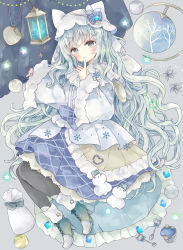 Rule 34 | 1girl, absurdres, animal ears, black pantyhose, blue hair, blue skirt, blush, boots, bow, closed mouth, commentary, cupcake, fake animal ears, food, fork, full body, fur-trimmed boots, fur-trimmed sleeves, fur trim, green footwear, grey background, grey bow, grey eyes, head tilt, high heel boots, high heels, highres, jacket, lantern, long sleeves, looking at viewer, original, pantyhose, pinching sleeves, pleated skirt, skirt, sleeves past wrists, smile, solo, spoon, star (symbol), symbol-only commentary, tsukiyo (skymint), white bow, white headwear, white jacket, wide sleeves