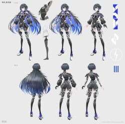 Rule 34 | 1girl, absurdres, arms at sides, bare shoulders, belt, black hair, blue eyes, blue hair, character sheet, colored inner hair, commentary request, covered navel, earrings, expressionless, from behind, full body, gloves, grey background, highres, jewelry, kamitsubaki studio, koko (kamitsubaki studio), leotard, long hair, multicolored hair, multiple views, pouch, shoes, short hair, shorts, single glove, sneakers, solo, standing, swav, thigh pouch, thighhighs, two-tone hair, very long hair, virtual youtuber
