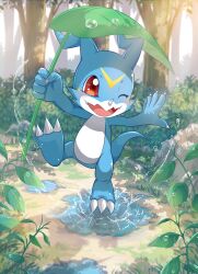 Rule 34 | artist request, blush, digimon, digimon (creature), forest, highres, holding, holding leaf, leaf, nature, no humans, official art, one eye closed, open mouth, outdoors, puddle, splashing, tree, v-mon