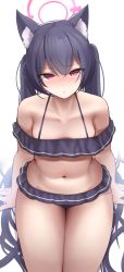 Rule 34 | 1girl, absurdres, animal ear fluff, animal ears, arm support, bad id, bad pixiv id, bikini, black bikini, black hair, blue archive, breasts, cat ears, closed mouth, collarbone, commentary request, frilled bikini, frills, hair between eyes, halo, halterneck, highres, legs together, long hair, looking at viewer, mung (larnec), navel, off-shoulder bikini, off shoulder, red eyes, revision, serika (blue archive), serika (swimsuit) (blue archive), simple background, sitting, small breasts, solo, stomach, swimsuit, thighs, twintails, very long hair