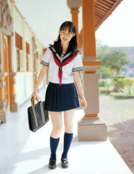 Rule 34 | akiyama rina, bag, bookbag, cosplay, kneehighs, photo (medium), pleated skirt, sailor, school uniform, serafuku, skirt, socks