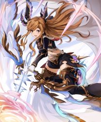 Rule 34 | 10s, 1girl, :d, black thighhighs, blush, bow (weapon), brown eyes, cape, eruthika, gloves, granblue fantasy, head wings, highres, holding, holding weapon, long hair, long sleeves, looking away, looking to the side, magic, open mouth, orange hair, shorts, smile, solo, thighhighs, tweyen (granblue fantasy), weapon, white gloves, wings