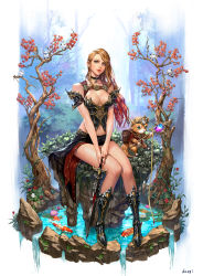 Rule 34 | 1girl, animal, aqua eyes, armor, armored boots, artist name, backpack, bag, bare shoulders, bird, blonde hair, boots, breasts, choker, cleavage, corset, dospi, fish, fishing, flower, forest, gradient hair, highres, koi, large breasts, lips, looking at viewer, looking down, lotus, medium breasts, miniskirt, multicolored hair, nature, navel, original, red hair, revealing clothes, sitting, skirt, sword, wand, water, wavy hair, weapon
