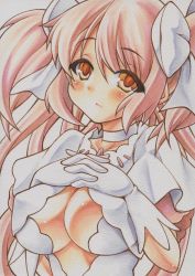 Rule 34 | 10s, 1girl, bow, breast suppress, breasts, cleavage, cleavage cutout, clothing cutout, colored eyelashes, covered erect nipples, gloves, hair bow, kaname madoka, large breasts, long hair, magical girl, mahou shoujo madoka magica, mahou shoujo madoka magica (anime), marker (medium), own hands together, pink eyes, pink hair, simple background, slit pupils, solo, spoilers, traditional media, twintails, two side up, ultimate madoka, uneven eyes, white background, yellow eyes, yutakasan-love