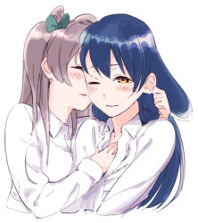 Rule 34 | 2girls, blue hair, blush, bow, bowtie, brown bow, brown eyes, brown neckwear, eye contact, funinki, green bow, hair between eyes, hair bow, hand in another&#039;s hair, long hair, looking at another, love live!, love live! school idol project, minami kotori, multiple girls, parted lips, school uniform, shirt, side ponytail, simple background, sketch, sonoda umi, very long hair, white background, white shirt, yuri