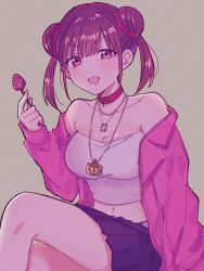 Rule 34 | 1b 104, 1girl, animal collar, black skirt, blush, breasts, brown hair, cleavage, collar, collarbone, double bun, hair bun, highres, idolmaster, idolmaster shiny colors, jacket, jacket partially removed, looking at viewer, medium breasts, midriff, navel, simple background, skirt, smile, solo, sonoda chiyoko, strapless, tube top, twintails, white tube top