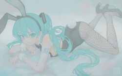 Rule 34 | 1girl, animal ear hairband, animal ears, aqua eyes, aqua hair, aqua theme, bare shoulders, black footwear, black leotard, blush, bow, bowtie, breasts, colored eyelashes, commentary, detached collar, fake animal ears, fake tail, feet up, fishnet pantyhose, fishnets, grin, hatsune miku, high heels, highleg, highleg leotard, highres, leotard, long hair, looking at viewer, lying, narrow waist, number tattoo, on stomach, oversized breast cup, pantyhose, playboy bunny, rabbit ear hairband, rabbit ears, rabbit tail, raised eyebrow, shoulder tattoo, sideways glance, small breasts, smile, solo, strapless, strapless leotard, tail, tattoo, traditional bowtie, twintails, uni uni (uni manjuu), very long hair, vocaloid, wrist cuffs