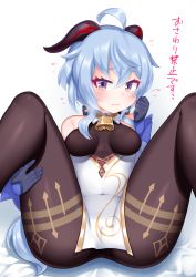 Rule 34 | 1girl, ahoge, bell, black pantyhose, blue gloves, blue hair, blush, bodystocking, bodysuit, breasts, camellia, covered navel, flower, ganyu (genshin impact), genshin impact, gloves, gold trim, hand on own thigh, highres, horns, kirisame mia, long hair, looking at viewer, lying, medium breasts, neck bell, on back, paid reward available, pantyhose, pelvic curtain, purple eyes, sidelocks, solo, spread legs, sweatdrop, thighlet, thighs, translation request, white background