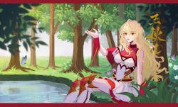 Rule 34 | 1girl, absurdres, alternate hair color, asymmetrical sleeves, blonde hair, bug, butterfly, douluo dalu, dress, forest, grass, hand up, highres, insect, lake, long hair, nature, red eyes, sitting, skirt, solo, thighhighs, tree, upper body, wang qiu er (douluo dalu), water, wuqing tuzhong