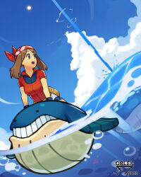 Rule 34 | 1girl, absurdres, artist name, bandana, blue sky, brown hair, cloud, creatures (company), fanny pack, game freak, gen 3 pokemon, highres, looking to the side, luvdisc, may (pokemon), nintendo, open mouth, orlek, pokemon, pokemon (creature), pokemon rse, red bandana, red shirt, shirt, short sleeves, sky, surf (pokemon), teeth, upper teeth only, wailmer, wailord, water, waterspout