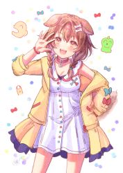 Rule 34 | 1girl, :d, animal ears, blue bow, blush, bone hair ornament, bow, braid, breasts, brown eyes, brown hair, cartoon bone, cleavage, collar, collarbone, collared dress, dog ears, dog girl, dog tail, dress, fangs, hair between eyes, hair ornament, hair over shoulder, hololive, inugami korone, inugami korone (1st costume), ittokyu, jacket, long hair, long sleeves, looking at viewer, medium breasts, off shoulder, open clothes, open jacket, open mouth, red bow, red collar, sleeveless, sleeveless dress, smile, solo, tail, teeth, twin braids, upper teeth only, virtual youtuber, white background, white dress, yellow jacket