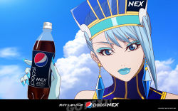 Rule 34 | 10s, 1girl, aqua hair, artist request, blue eyes, blue hair, blue lips, blue rose (tiger &amp; bunny), bottle, cloud, drink, earrings, eyelashes, eyeshadow, female focus, highres, holding, holding bottle, jewelry, lips, lipstick, long hair, looking at viewer, makeup, matching hair/eyes, official art, official wallpaper, pepsi, product placement, sky, solo, straight hair, tiger &amp; bunny, wallpaper