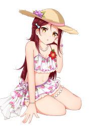 Rule 34 | absurdres, bad id, bad pixiv id, bikini, breasts, catnnn, cleavage, collarbone, commentary, floral print, flower, green ribbon, hair ornament, hair ribbon, hat, highres, jewelry, long hair, looking at viewer, love live!, love live! school idol festival, love live! sunshine!!, medium breasts, navel, orange eyes, red flower, red hair, revision, ribbon, sakurauchi riko, simple background, sitting, skirt, solo, sun hat, swimsuit, triangle mouth, white background, white bikini, yellow eyes