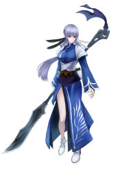 Rule 34 | 1girl, absurdres, akito1218, blue dress, breasts, china dress, chinese clothes, dress, feather hair ornament, feathers, full body, grey hair, guan dao, hair ornament, highres, holding, holding polearm, holding weapon, long hair, long sleeves, looking at viewer, medium breasts, mikoto (samurai spirits), polearm, red eyes, samurai spirits, simple background, solo, standing, weapon, white background, white footwear