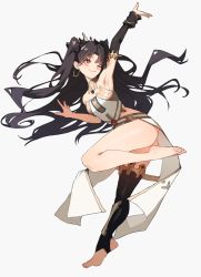 Rule 34 | 1girl, barefoot, black hair, breasts, detached sleeves, earrings, fate/grand order, fate (series), highres, hoop earrings, ishtar (fate), jewelry, red eyes, single detached sleeve, single thighhigh, small breasts, smile, solo, thighhighs, thighs, tunamayo (dsasd751)