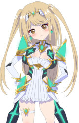 Rule 34 | 1girl, alternate hairstyle, blonde hair, breasts, cleavage, large breasts, mythra (xenoblade), simple background, solo, tavn, white background, xenoblade chronicles (series), xenoblade chronicles 2