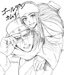 Rule 34 | 1boy, 1girl, ainu clothes, asirpa, blush, earrings, facial scar, gimgyeon (dog 0987), golden kamuy, greyscale, happy, hat, highres, hoop earrings, imperial japanese army, jewelry, kepi, large hands, long hair, long sleeves, military hat, monochrome, scar, scar on cheek, scar on face, scar on mouth, scar on nose, short hair, smile, spiked hair, sugimoto saichi, translation request, upper body