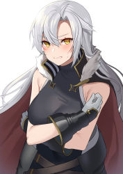Rule 34 | 1girl, akagi kurage, breasts, cape, character request, crossed arms, gloves, grey gloves, highres, long hair, medium breasts, red cape, sennen sensou aigis, silver hair, sleeveless, solo, standing, sweatdrop, yellow eyes