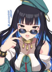 Rule 34 | 1girl, bare shoulders, beret, black hair, blue hair, bracelet, breasts, colored inner hair, eyeliner, fate/grand order, fate (series), green hat, green jacket, grey eyes, hat, highres, jacket, jewelry, long hair, looking at viewer, makeup, mitsurugi sugar, multicolored hair, neck ring, o-ring, off shoulder, open mouth, round eyewear, sidelocks, small breasts, solo, sunglasses, tenochtitlan (fate), tenochtitlan (second ascension) (fate), translation request, wavy hair, zipper