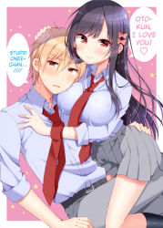 Rule 34 | 1boy, 1girl, :&gt;, belt, black hair, black legwear, blonde hair, blush, bow, breast rest, breasts, breasts on head, brother and sister, commentary, dress shirt, grey pants, grey skirt, hair bow, hand on another&#039;s chest, hand on another&#039;s head, hard-translated, heart, hetero, incest, large breasts, long hair, necktie, original, pants, parted lips, pink background, pleated skirt, purple shirt, red eyes, red neckwear, school uniform, shirt, siblings, skirt, smile, socks, spoken blush, spoken heart, star (symbol), straddling, sweatdrop, third-party edit, translated, tsukudani norio, wing collar