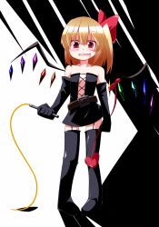 Rule 34 | 1girl, alternate costume, bdsm, belt, black dress, black gloves, black thighhighs, blonde hair, blush, boots, bow, cleavage cutout, clothing cutout, dominatrix, dress, drooling, elbow gloves, embodiment of scarlet devil, female focus, femdom, flandre scarlet, flat chest, garter straps, gloves, hair bow, laevatein, no headwear, no headwear, okumari, open mouth, red eyes, side ponytail, skirt, solo, standing, thigh boots, thighhighs, touhou, whip, wings