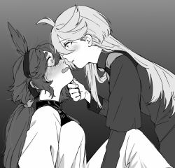 Rule 34 | 2girls, chabo (starchabo), commentary request, expressive hair, eye contact, face-to-face, from side, greyscale, gundam, gundam suisei no majo, hairband, imminent kiss, long hair, long sleeves, looking at another, low ponytail, miorine rembran, monochrome, multiple girls, open mouth, parted lips, profile, suletta mercury, upper body, yuri