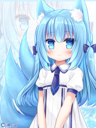 Rule 34 | animal ear fluff, animal ears, blue bow, blue neckwear, blush, bow, chain paradox, character request, closed mouth, collared dress, dress, fox ears, fox girl, fox tail, frilled dress, frills, hair between eyes, hair bow, kitsune, long hair, looking at viewer, necktie, official art, puffy short sleeves, puffy sleeves, shikito (yawa0w0), short sleeves, smile, tail, two side up, very long hair, watermark, white dress, zoom layer