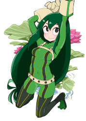 Rule 34 | 1girl, :&gt;, arms up, asui tsuyu, bodysuit, boku no hero academia, bow-shaped hair, closed mouth, covered navel, frog girl, georugu13, gloves, green bodysuit, green eyes, green hair, hair rings, lily pad, long hair, low-tied long hair, simple background, smile, solo, superhero costume, very long hair, white background