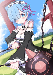 Rule 34 | 1girl, :o, absurdres, apron, ball and chain (weapon), black dress, black sleeves, blue eyes, blue hair, blush, breasts, chain, cleavage, commentary request, day, detached sleeves, dress, frilled dress, frilled sleeves, frills, hair ornament, hair over one eye, hair ribbon, highres, holding, jiu (sdesd3205), juliet sleeves, long sleeves, looking at viewer, medium breasts, outdoors, pantyhose, parted lips, pink ribbon, puffy sleeves, re:zero kara hajimeru isekai seikatsu, rem (re:zero), ribbon, short hair, sleeveless, sleeveless dress, sleeves past fingers, sleeves past wrists, solo, spikes, waist apron, white apron, white pantyhose, wide sleeves, x hair ornament