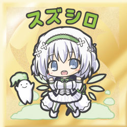Rule 34 | 1girl, :d, blue eyes, blush, breasts, character name, chibi, dress, flower, flower knight girl, food, green hairband, hair between eyes, hair flower, hair ornament, hairband, hands up, large breasts, long sleeves, mooley (flower knight girl), open mouth, pantyhose, radish, ri-net, round teeth, silver hair, sleeves past wrists, smile, suzushiro (flower knight girl), teeth, upper teeth only, white dress, white flower, white footwear, white pantyhose