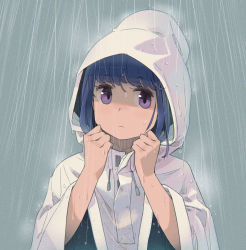 Rule 34 | 1girl, blue hair, closed mouth, commentary request, drawstring, highres, hood, hood up, long sleeves, looking at viewer, minawa, outdoors, purple eyes, rain, raincoat, shaded face, shima rin, short hair, solo, upper body, water, water drop, wide sleeves, yurucamp
