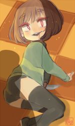 Rule 34 | androgynous, ass, blood, brown hair, chara (undertale), gender request, knife, looking at viewer, red eyes, undertale