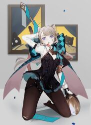 Rule 34 | 1girl, animal ears, aqua bow, arm strap, black leotard, black skirt, bow, brown pantyhose, cat ears, cat tail, genshin impact, grey hair, hair bow, juliet sleeves, kneeling, leotard, long sleeves, looking at viewer, low ponytail, lynette (genshin impact), oversized object, pantyhose, parted lips, picture frame, puffy sleeves, shirt, skirt, solo, spoon, tail, thigh strap, white shirt, yzfanziyu