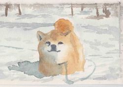 Rule 34 | animal, animal focus, dog, highres, no humans, original, outdoors, painting (medium), scenery, shiba inu, snow, traditional media, watercolor (medium), winter
