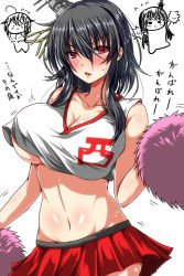 Rule 34 | 10s, 3girls, ahoge, alternate costume, ar (lover boy), areola slip, armpits, black hair, blush, breasts, cheerleader, clothes writing, collarbone, commentary request, crop top, crop top overhang, fusou (kancolle), hair ornament, highres, kantai collection, large breasts, long hair, looking at viewer, midriff, miniskirt, multiple girls, navel, no bra, open mouth, pom pom (cheerleading), red eyes, shigure (kancolle), shiny skin, short hair, skirt, sleeveless, sweatdrop, translation request, underboob, yamashiro (kancolle)