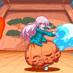 Rule 34 | 1girl, animated, animated gif, blue fire, bow, bubble skirt, closed mouth, dancing, expressionless, fire, flaming object, floating, floating object, green fire, hannya, hata no kokoro, long hair, long sleeves, looking at viewer, mask, migel futoshi, no panties, noh mask, oni mask, open mouth, pink eyes, pink hair, pixel art, plaid, plaid shirt, shirt, skirt, socks, solo, touhou, tree