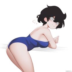 Rule 34 | 1girl, absurdres, black hair, blue one-piece swimsuit, breasts, character request, clothes pull, commission, copyright request, heart, highres, large breasts, looking at viewer, once 11h, one-piece swimsuit, one-piece swimsuit pull, parted lips, short hair, sideboob, solo, swimsuit, white eyes