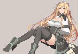Rule 34 | 1girl, bad id, bad pixiv id, black footwear, black panties, black skirt, black thighhighs, blonde hair, boots, breasts, brown eyes, capelet, cleavage cutout, clothing cutout, dutch angle, earrings, elf, feet out of frame, highres, jewelry, large breasts, long hair, looking at viewer, mikoto (oi plus), navel, original, panties, pantyshot, pointy ears, purple background, scroll, simple background, sitting, skirt, smile, solo, thighhighs, underwear, very long hair, white capelet