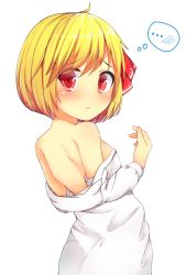 Rule 34 | 1girl, :t, ahoge, bare shoulders, blonde hair, blush, breasts, cowboy shot, from behind, hair ribbon, highres, kyuu-fairy000, long sleeves, looking at viewer, looking back, off shoulder, pout, red eyes, red ribbon, ribbon, rumia, shirt, short hair, small breasts, solo, spoken blush, thought bubble, touhou, upper body, white shirt