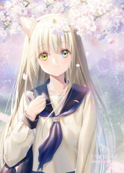 Rule 34 | 1girl, animal ears, artist name, bad id, bad pixiv id, blue eyes, blue neckerchief, blue sailor collar, blurry, blurry background, blurry foreground, cat ears, closed mouth, commentary request, depth of field, flower, green eyes, haneru, heterochromia, highres, light brown hair, long hair, long sleeves, multicolored eyes, neckerchief, original, pink flower, sailor collar, school uniform, serafuku, shirt, smile, solo, translation request, very long hair, white flower, white shirt
