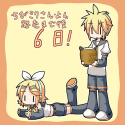 Rule 34 | 1boy, 1girl, blonde hair, brother and sister, detached sleeves, hairband, headphones, kagamine len, kagamine rin, lying, minami (colorful palette), on stomach, siblings, translation request, twins, vocaloid