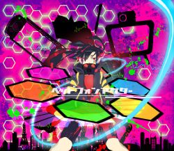 Rule 34 | 1girl, black hair, cable, collared jacket, enomoto takane, gas mask, handheld game console, headphone actor (vocaloid), headphones, hexagon, highres, jacket, kagerou project, long hair, mameshiba29, mask, playstation portable, red eyes, solo, twintails, vocaloid