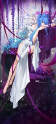Rule 34 | 1girl, absurdres, arm support, artist name, bare legs, blue eyes, blue hair, blue nails, blurry, collarbone, cz (mikumikumi), depth of field, dress, flower, full body, hair over one eye, highres, hololive, hoshimachi suisei, huge filesize, long hair, nail polish, off shoulder, pelvic curtain, rose, solo, sparkle, star (symbol), twintails, very long hair, virtual youtuber, white dress, white flower, white rose, wisteria