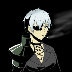 Rule 34 | 10s, 1girl, akame ga kill!, black background, blue eyes, breasts, business suit, cigarette, cleavage, eyepatch, female focus, formal, highres, large breasts, looking at viewer, single mechanical arm, najenda, short hair, smoke, solo, solo focus, suit, tomboy