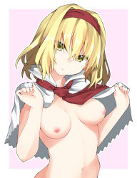 Rule 34 | 1girl, alice margatroid, bad id, bad pixiv id, blonde hair, breasts, breasts apart, capelet, hair between eyes, hairband, head tilt, highres, kz oji, looking at viewer, medium breasts, necktie, nipples, nude, outline, pink background, red hairband, red necktie, simple background, solo, touhou, two-tone background, white background, white outline, yellow eyes