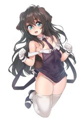 Rule 34 | 1girl, :d, animal ears, black hair, blue eyes, blush, borrowed character, breasts, covered navel, deluxe&lt;&lt;&lt;, detached collar, dog ears, gloves, highres, long hair, necktie, open mouth, original, panties, small breasts, smile, solo, teeth, thighhighs, underwear, white gloves, white panties, white thighhighs
